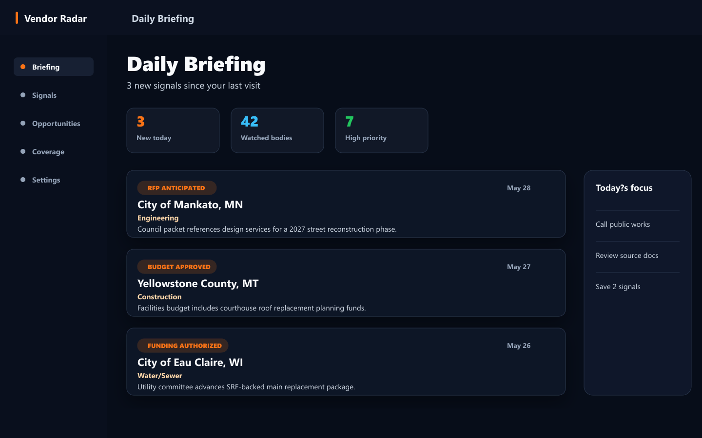 Vendor Radar daily briefing dashboard with recent local government signals