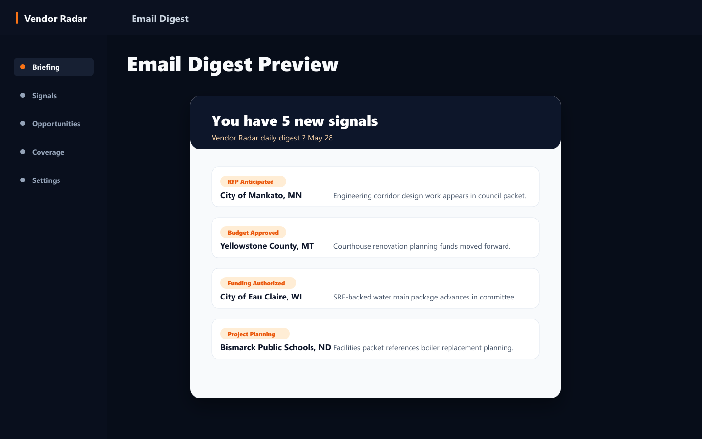 Vendor Radar daily email digest preview with five new signals