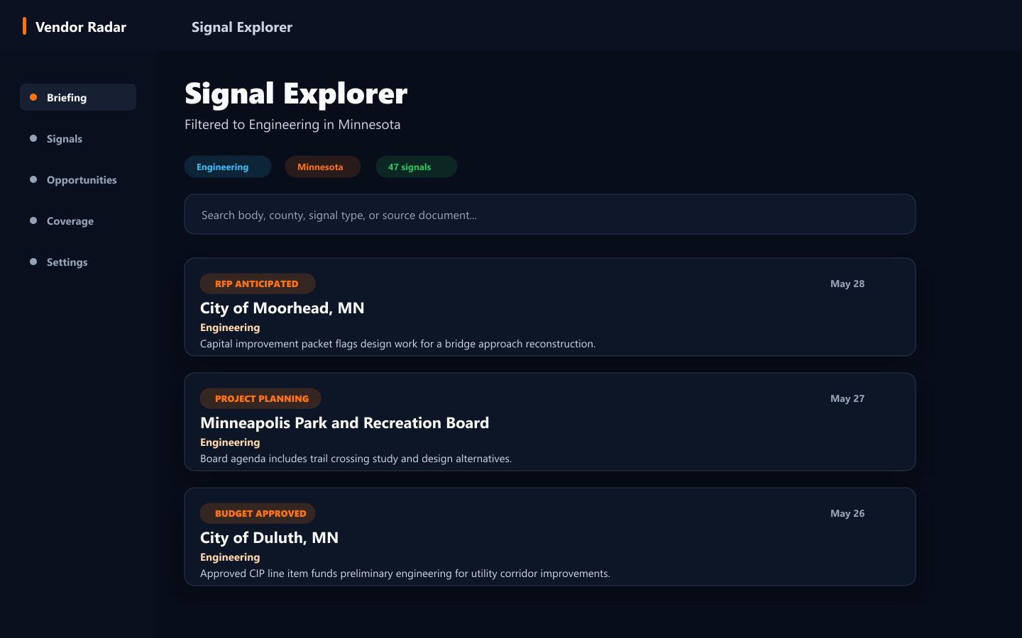 Vendor Radar signal explorer filtered to engineering signals in Minnesota